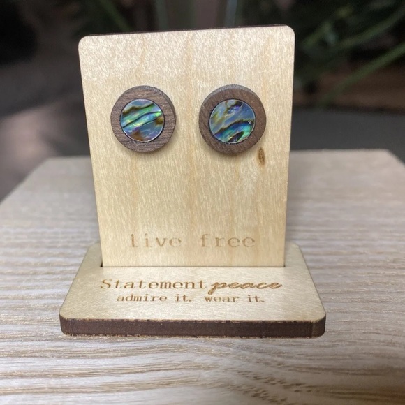 HANDMADE Earrings Artisan ABALONE Wood Shell Studs Hand Crafted Eco Friendly - Picture 3 of 3